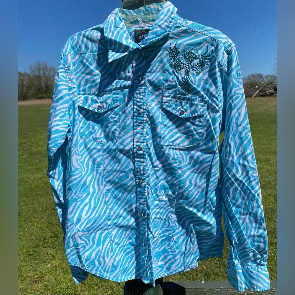 Cowgirl Hardware Cross Turquoise Zebra Western Rodeo Show Shirt Medium